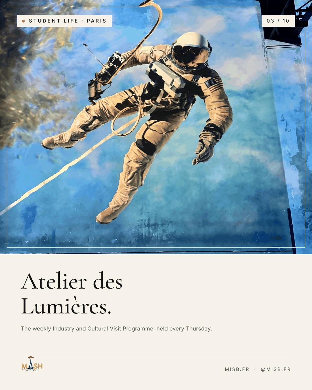 A large painted mural of an astronaut floating in a blue sky, photographed at the Atelier des Lumières; headline "Atelier des Lumières." below.