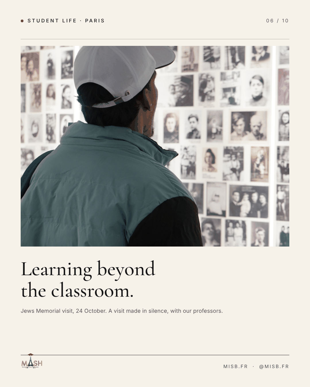 A student in a white cap, seen from behind, looking at a wall of black-and-white portrait photographs in a memorial museum; headline "Learning beyond the classroom."