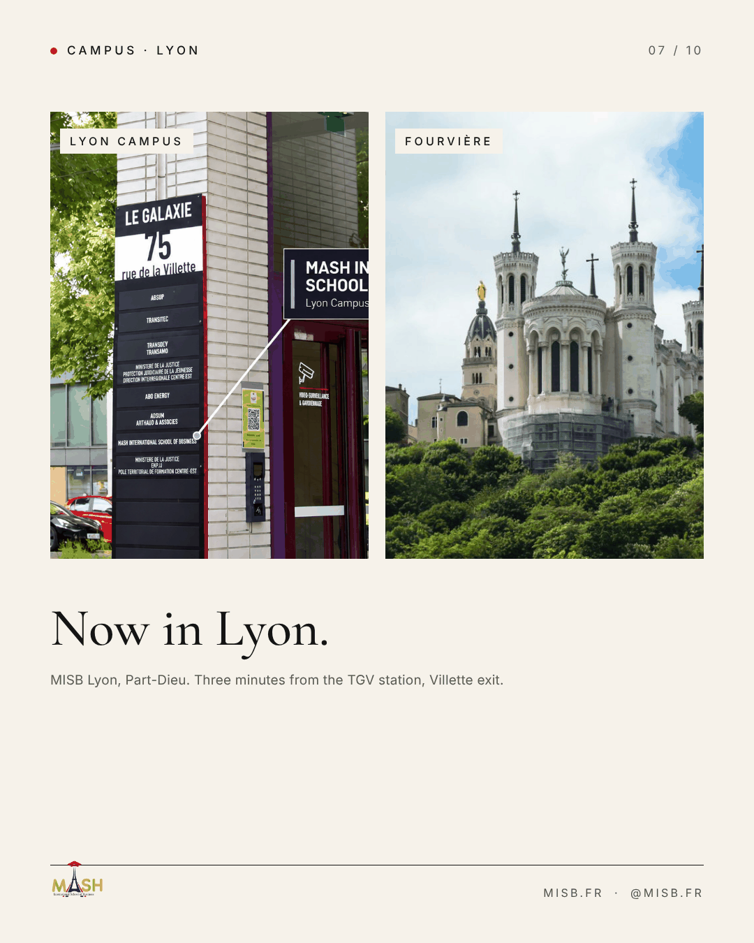 Two photographs: the building sign reading "MASH International School of Business, Lyon Campus" beside a tree, and the Basilica of Fourvière on its wooded hill. Headline "Now in Lyon."