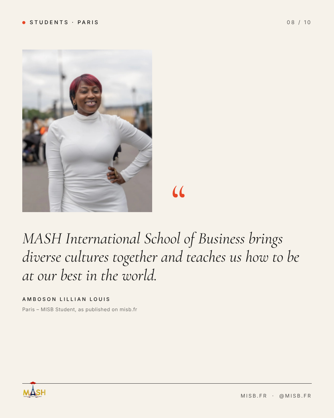 Portrait of a smiling woman in a white top standing outdoors, one hand on her hip; beside her a red quotation mark, and below, her quote in italic serif with the name Amboson Lillian Louis.