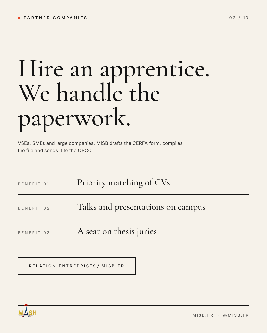 Text card with the serif headline "Hire an apprentice. We handle the paperwork.", three numbered benefits and an outlined button showing the enterprise relations email address.