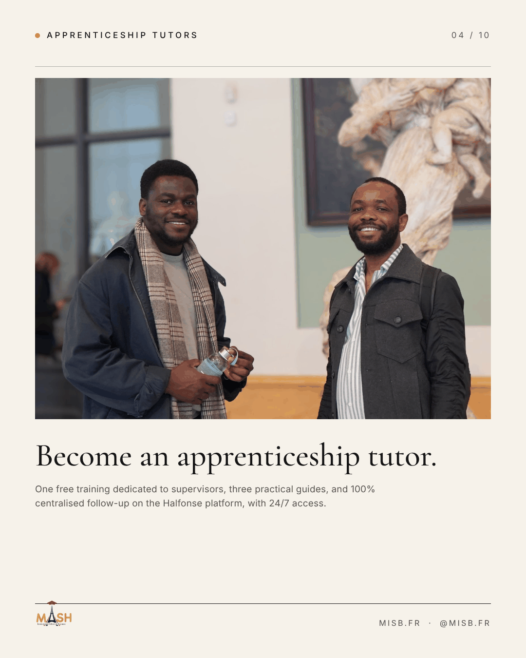 Two smiling men in jackets standing in a museum gallery in front of a white sculpture; headline below, "Become an apprenticeship tutor."