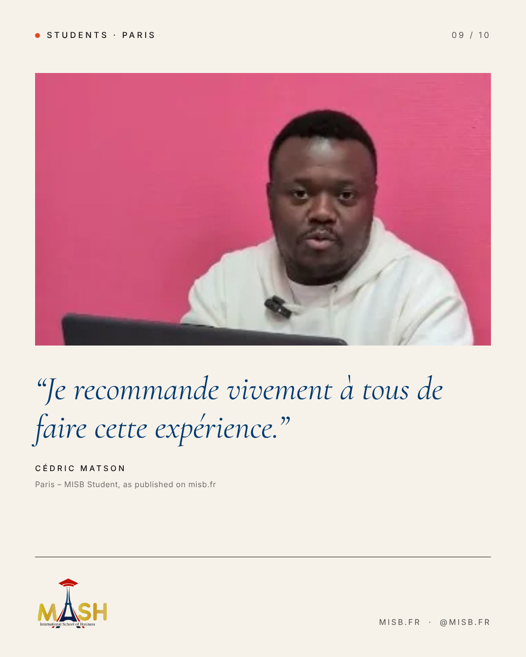 Wide portrait of a man in a white hoodie seated at a laptop against a pink wall; below, his quote in navy italic serif, attributed to Cédric Matson.