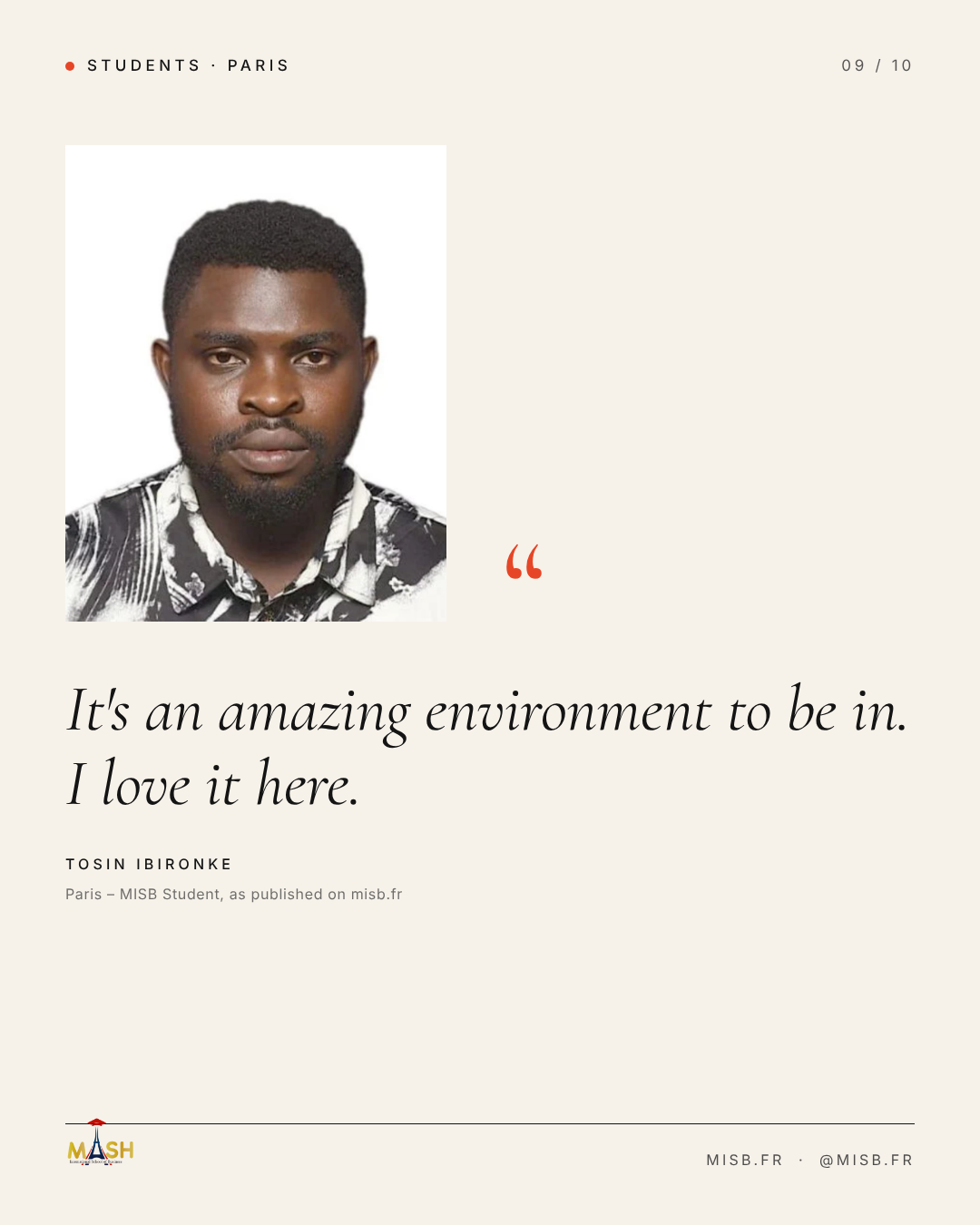Portrait of a young man in a black-and-white patterned shirt against a white background; a red quotation mark beside him and the quote in italic serif below, attributed to Tosin Ibironke.