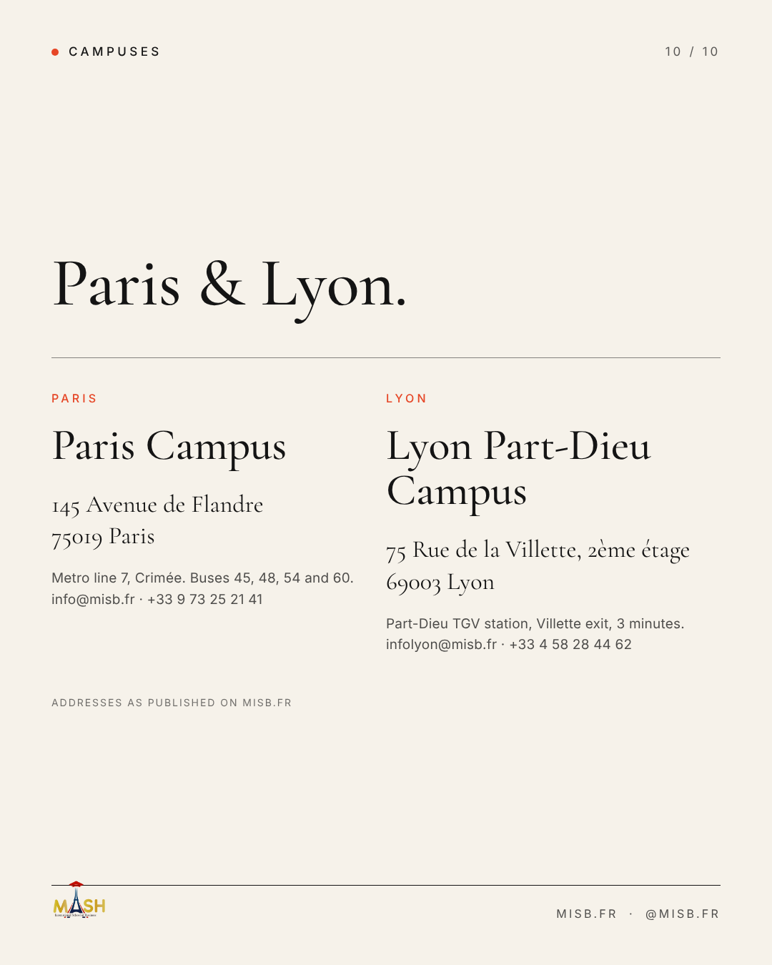 Text-only address card headed "Paris & Lyon." with two columns giving the Paris and Lyon campus addresses, transport and contact details.